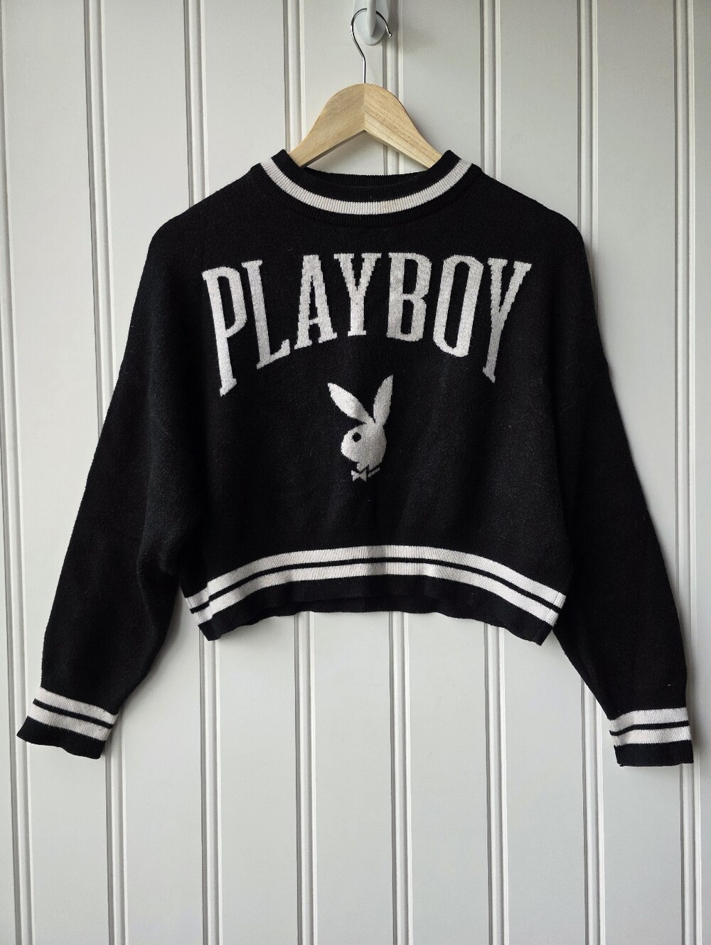 Playboy Knitted Cropped Black White Crewneck Sweater Womens XS